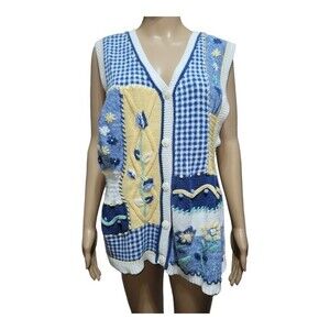 Blast Women's Vintage Sweater Vest Cardigan Button Down Floral Checked Size L